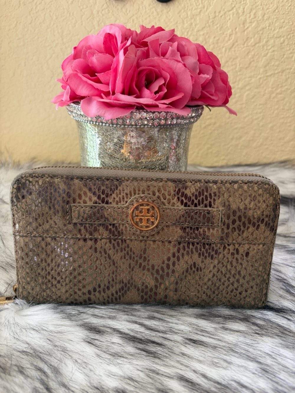 Tory Burch Python-Embossed Continental Zip Wallet in Taupe and Gold